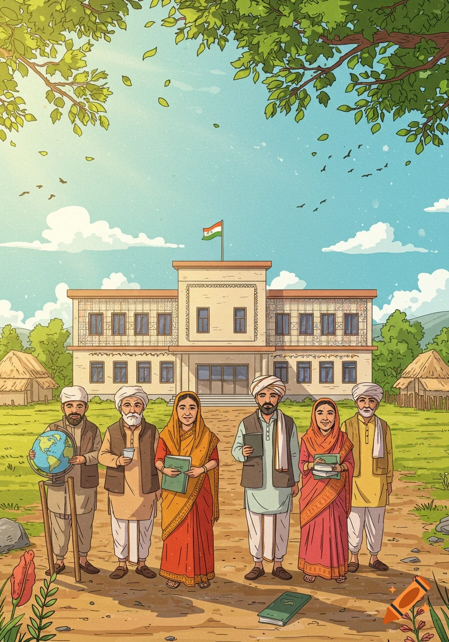 Illustration of six adults in traditional Indian clothing holding books and a globe, in front of a school with an Indian flag and trees.