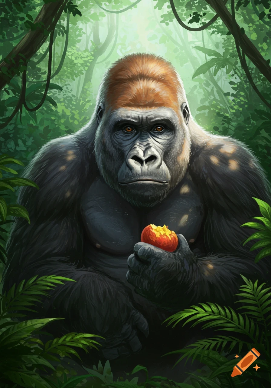 A detailed illustration of a gorilla with a reddish-brown crown, holding and eating a piece of fruit in a lush jungle.