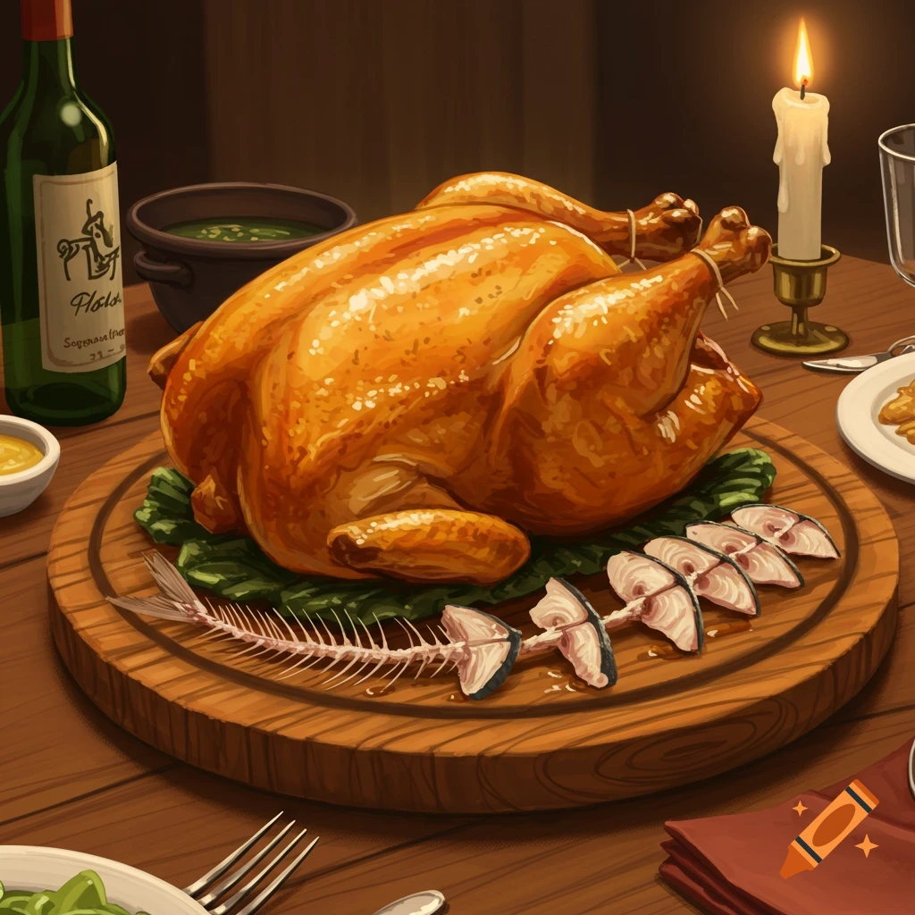 A golden roasted chicken on a bed of greens, served on a wooden platter alongside fish bones, sliced raw fish, a bottle of wine, a bowl of sauce, and a lit candle on a dinner table.