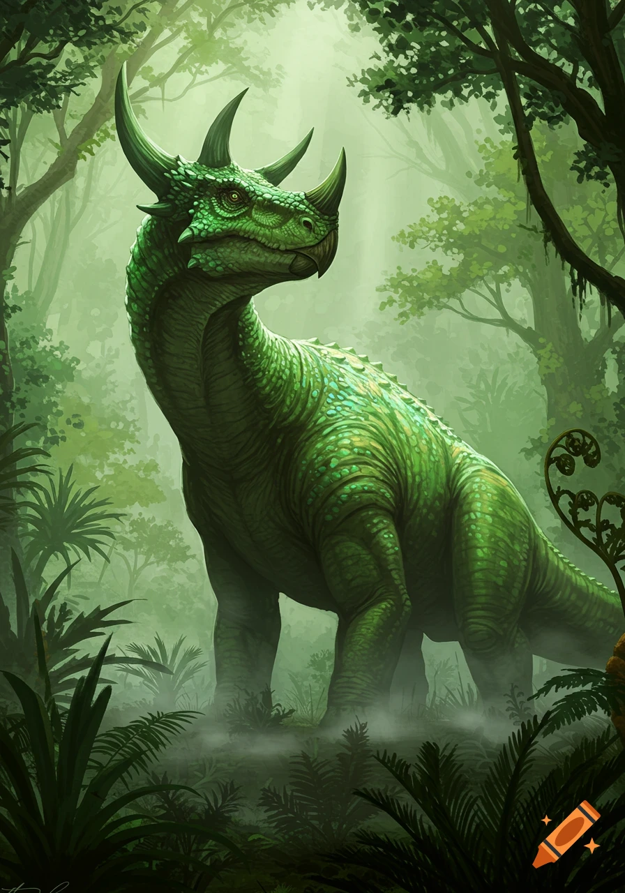 A large, green, horned dinosaur stands majestically in a misty, lush jungle, rendered in a detailed illustration style.