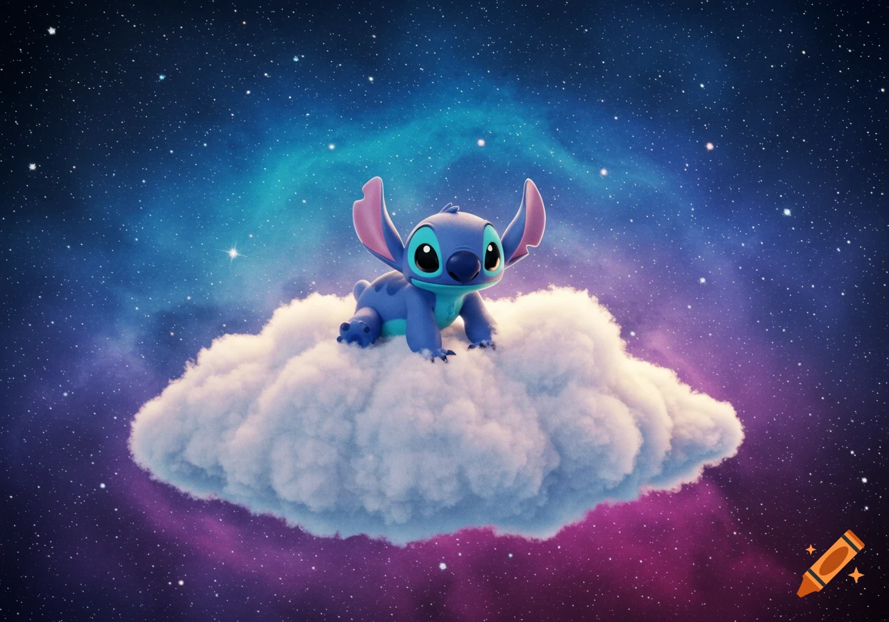 3D rendered Stitch sitting on a fluffy white cloud in a vibrant, star-filled rainbow galaxy.