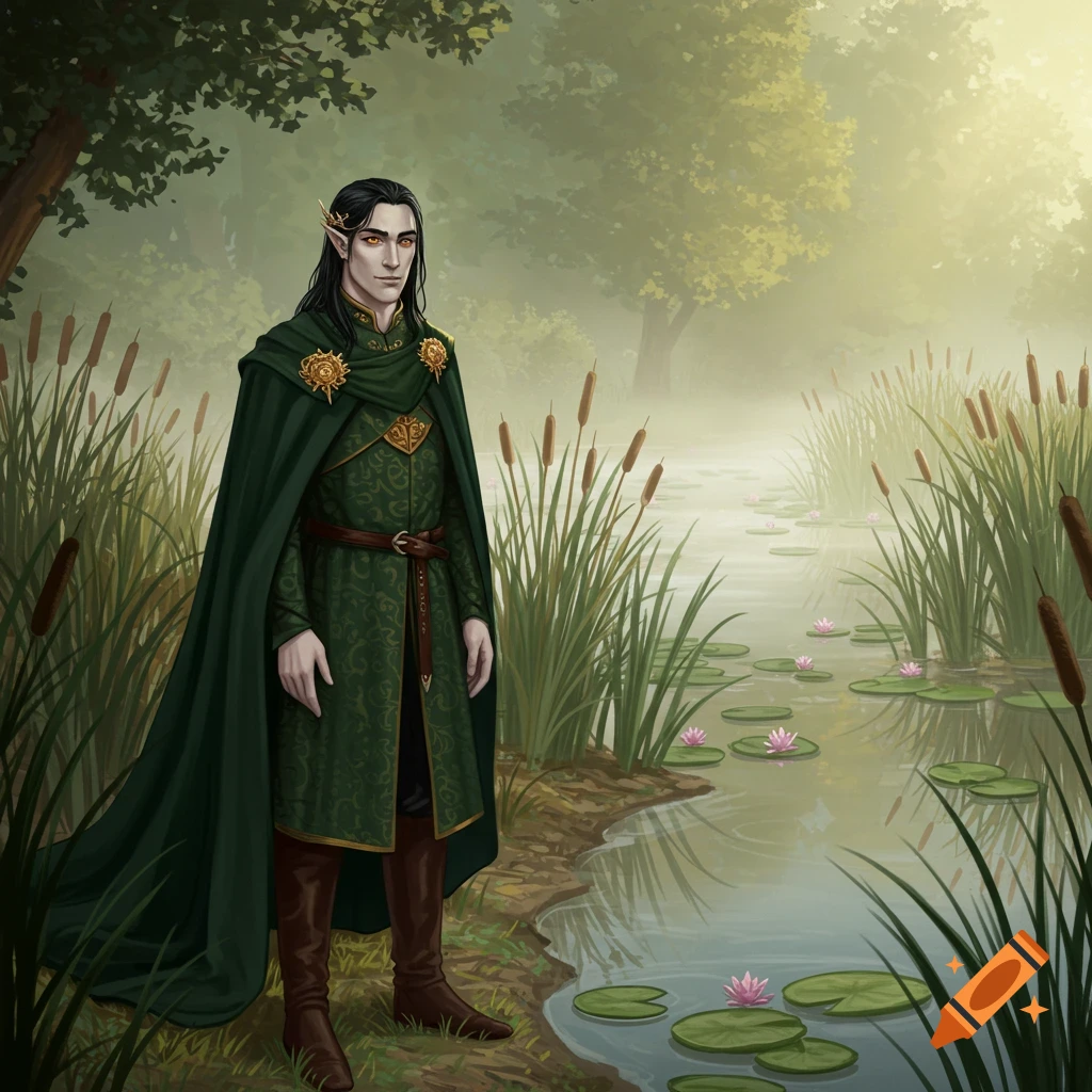 A male elf with long black hair, honey eyes, and fair skin stands by a misty pond with water lilies and cattails, wearing a green cloak and tunic.