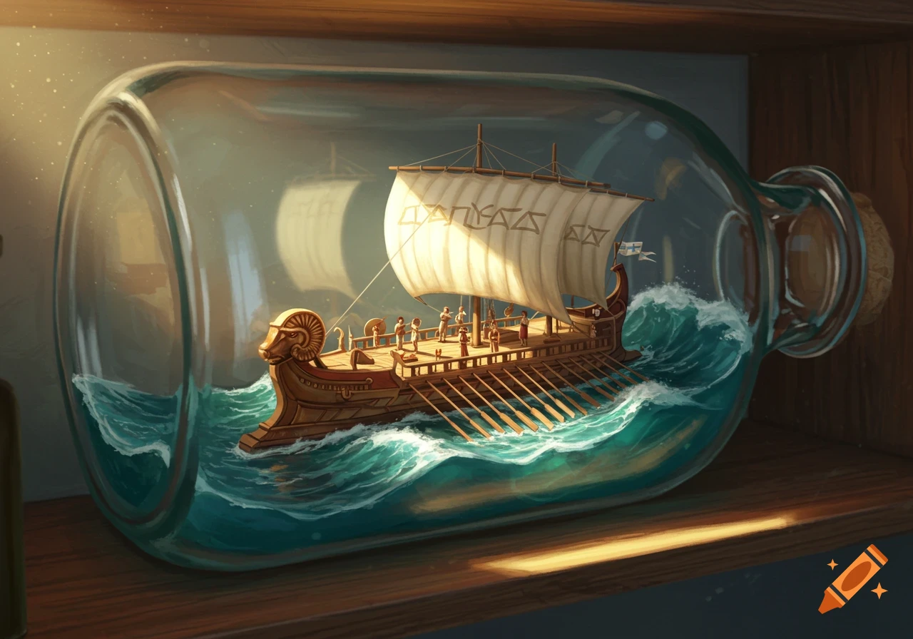 Digital art of an ancient Greek warship sailing on stormy waves inside a glass bottle, sitting on a wooden shelf with warm light.