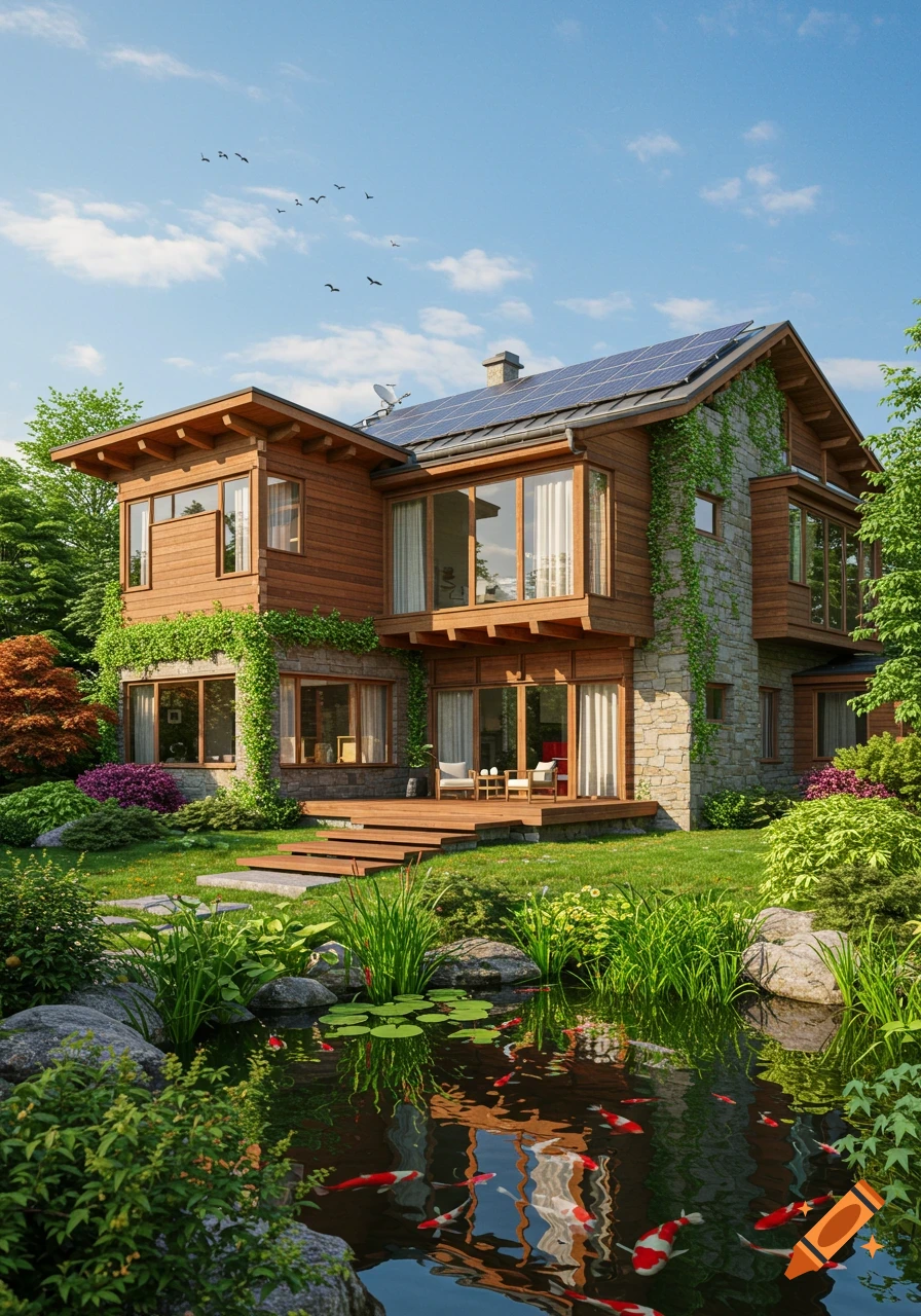 Photorealistic image of a modern wooden and stone house with solar panels, a lush garden, and a koi pond under a blue sky.