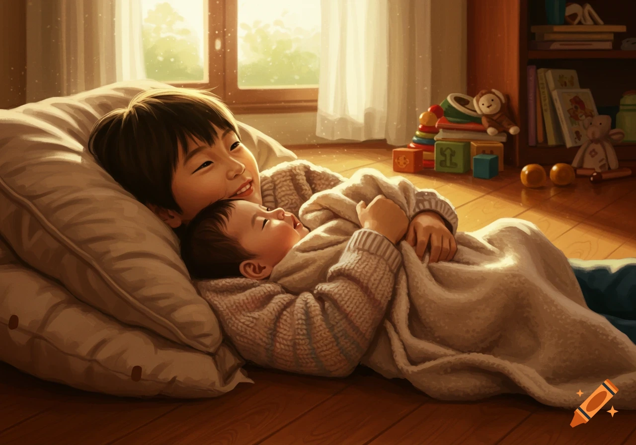 An older Korean boy lies on a pillow, cuddling his baby brother under a blanket on a sunny wooden floor.