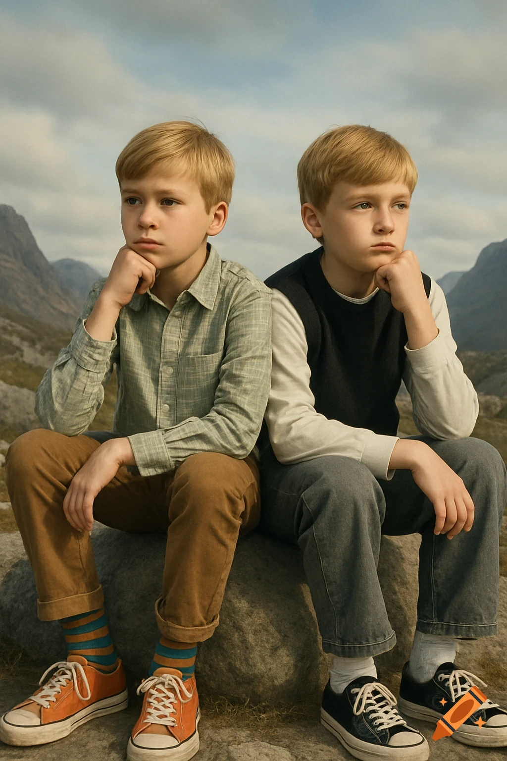 Two blonde boys sit thoughtfully on a large rock in a photorealistic, melancholic mountainous landscape under a pale sky.