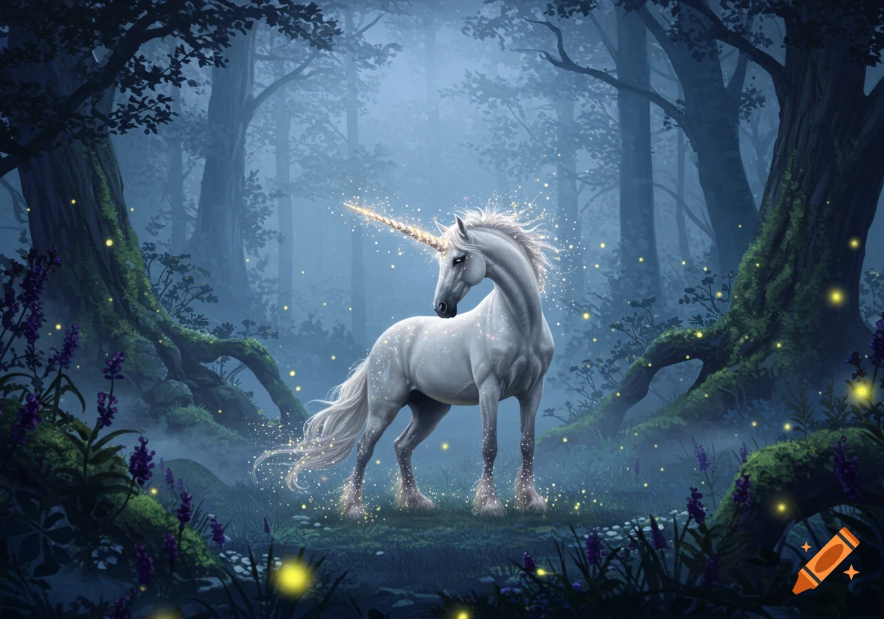 Majestic white unicorn with a golden horn in a mystical, foggy forest, surrounded by glowing sparks and purple flowers.