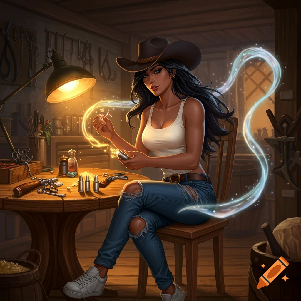 A woman in a cowboy hat and ripped jeans crafts glowing magical ammunition at a wooden table in a rustic workshop.