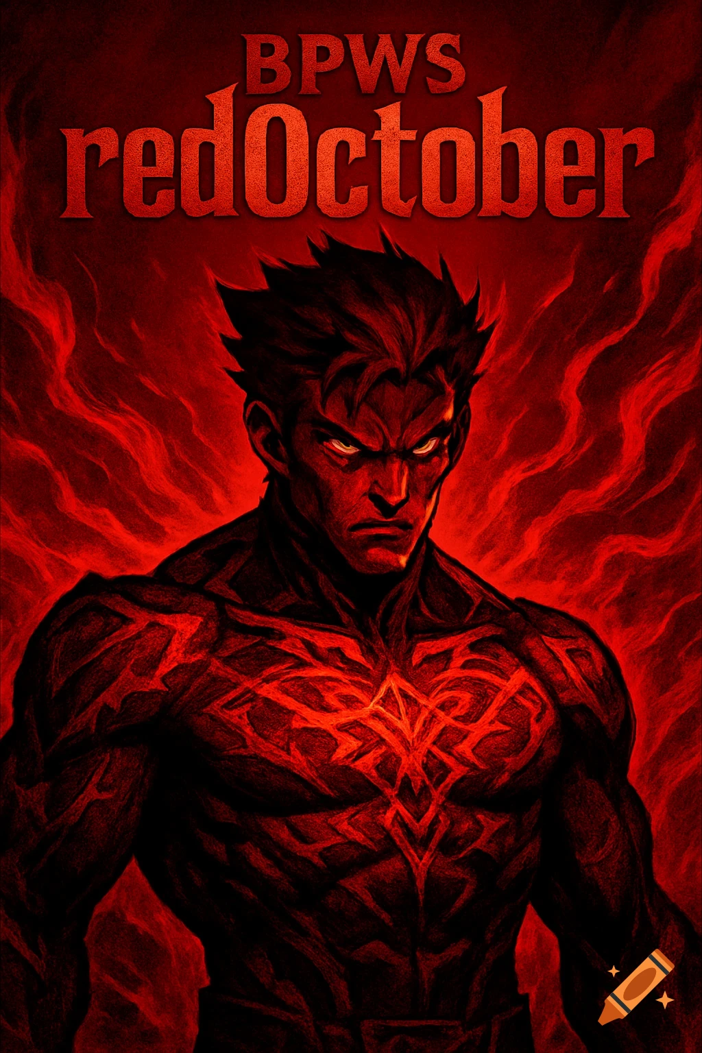 An aggressive male character with glowing eyes and red fiery patterns against a smoky red background. Text 'BPWS redOctober' at top.