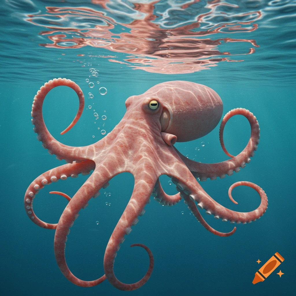 A realistic pinkish-red octopus swims gracefully underwater, with bubbles rising and the water's surface reflected above.
