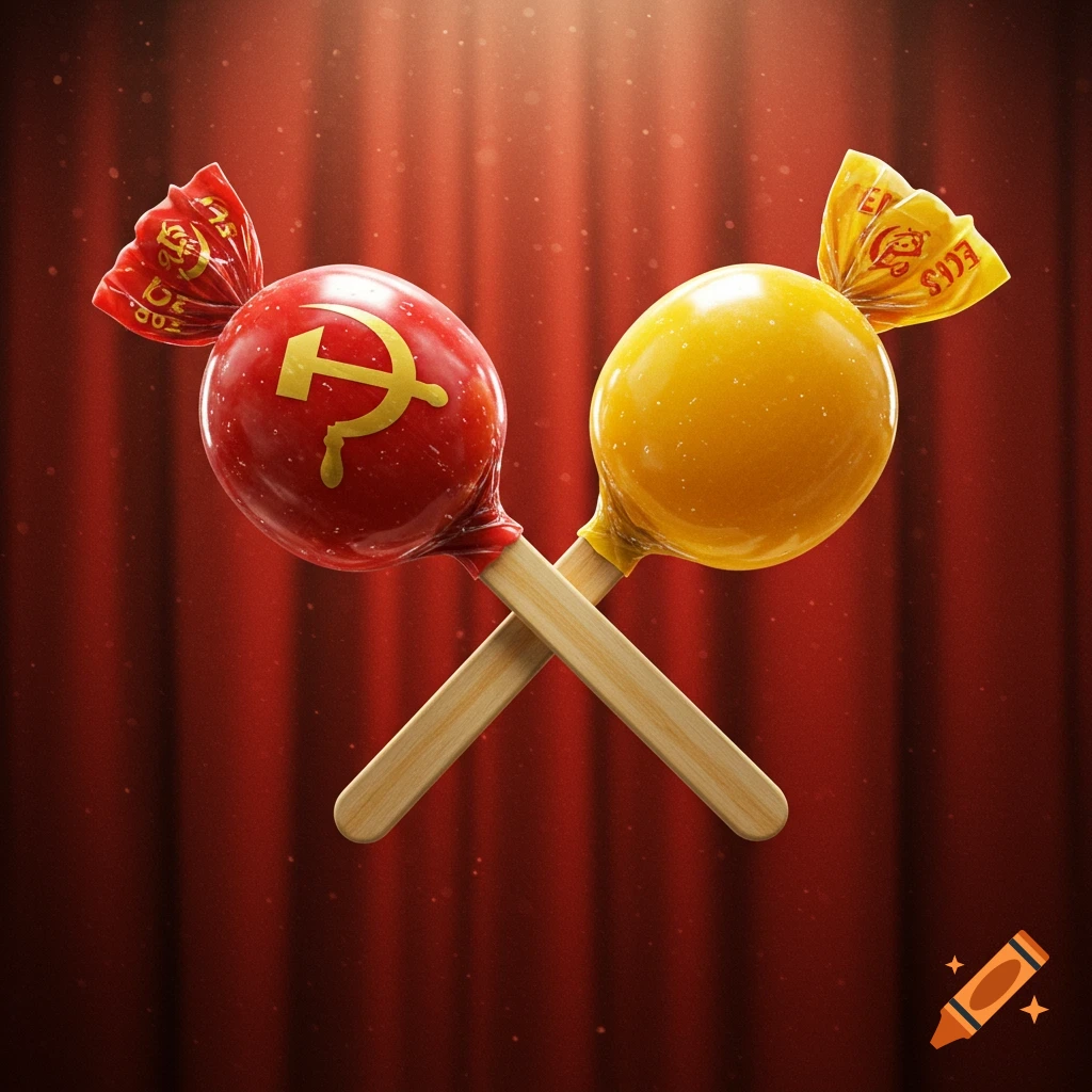 Two shiny lollipops, one red with a gold hammer and sickle, and one yellow, cross against a rich red curtain background.