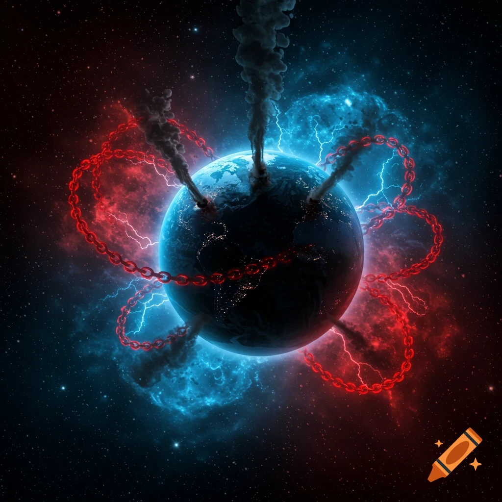 Earth chained and emitting smoke in space, surrounded by red and blue energy, symbolizing global danger.