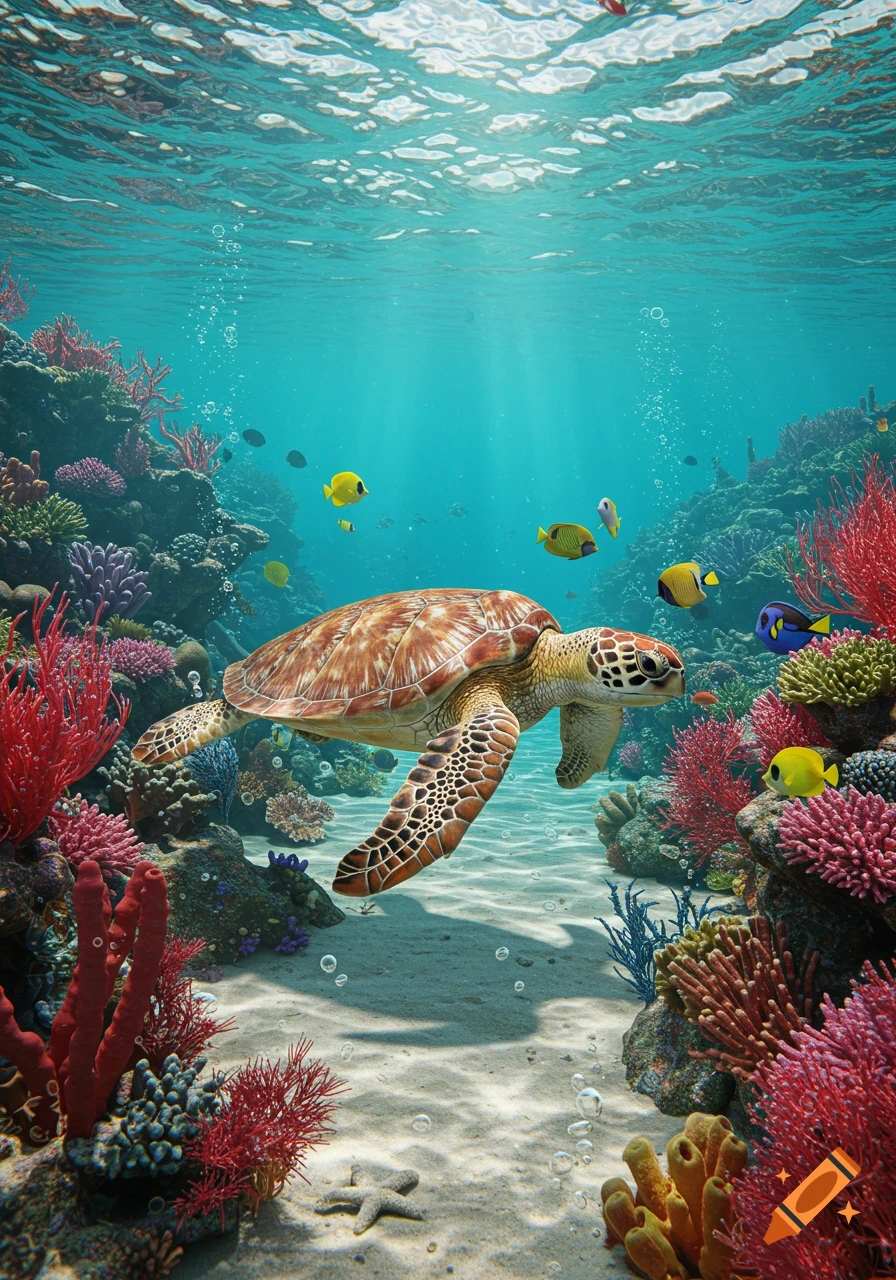 A peaceful sea turtle swims through a vibrant coral reef, surrounded by colorful fish in clear blue ocean water.
