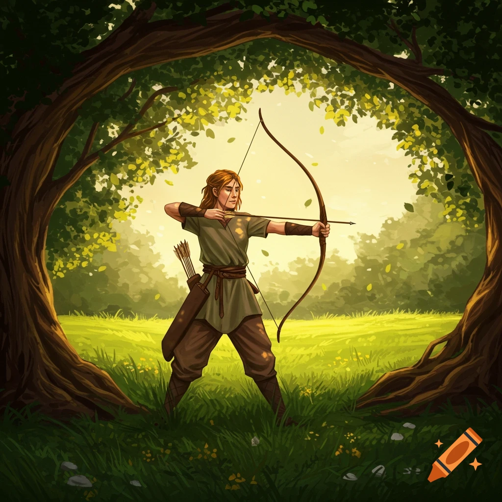 A fantasy archer in a green tunic and pants draws a bow in a lush, bright forest framed by tree trunks.