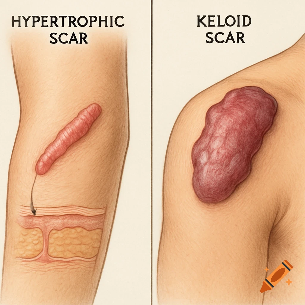 Medical illustration showing a hypertrophic scar on an arm and a keloid scar on a shoulder, highlighting their differences.