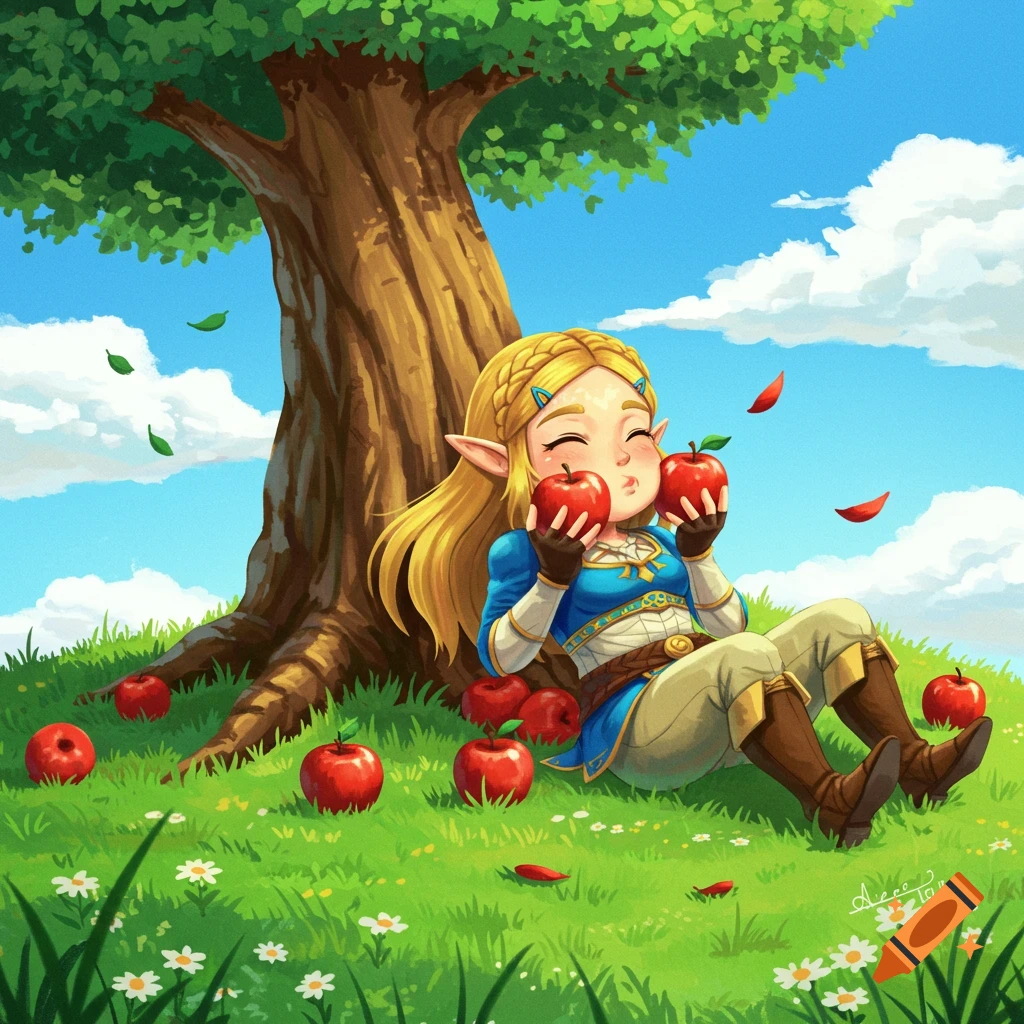 Cartoon Zelda from BotW sits happily under a large tree, holding and surrounded by red apples on green grass under a blue sky.