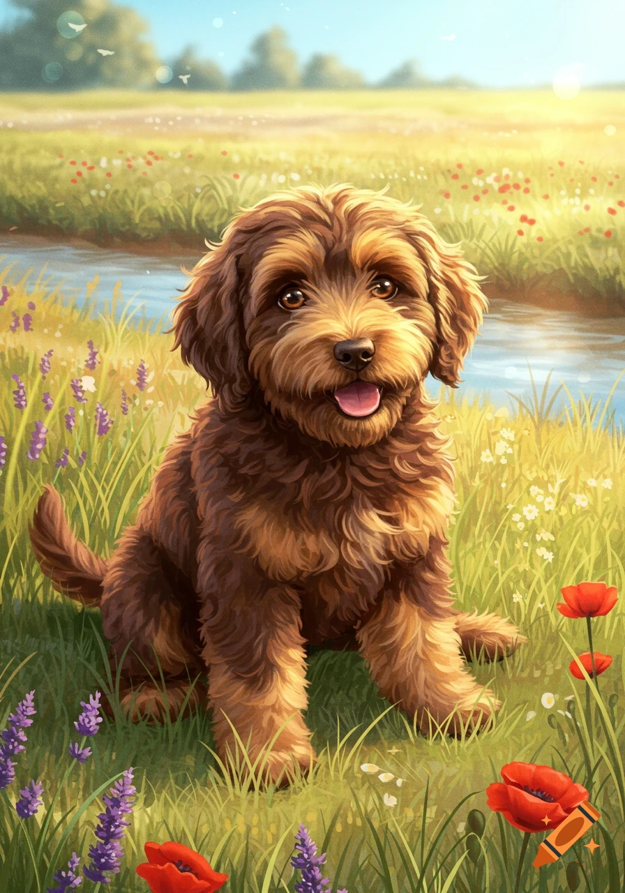 A fluffy brown Labradoodle puppy sits in a sunny field with purple and red wildflowers and a stream, rendered as a colorful illustration.
