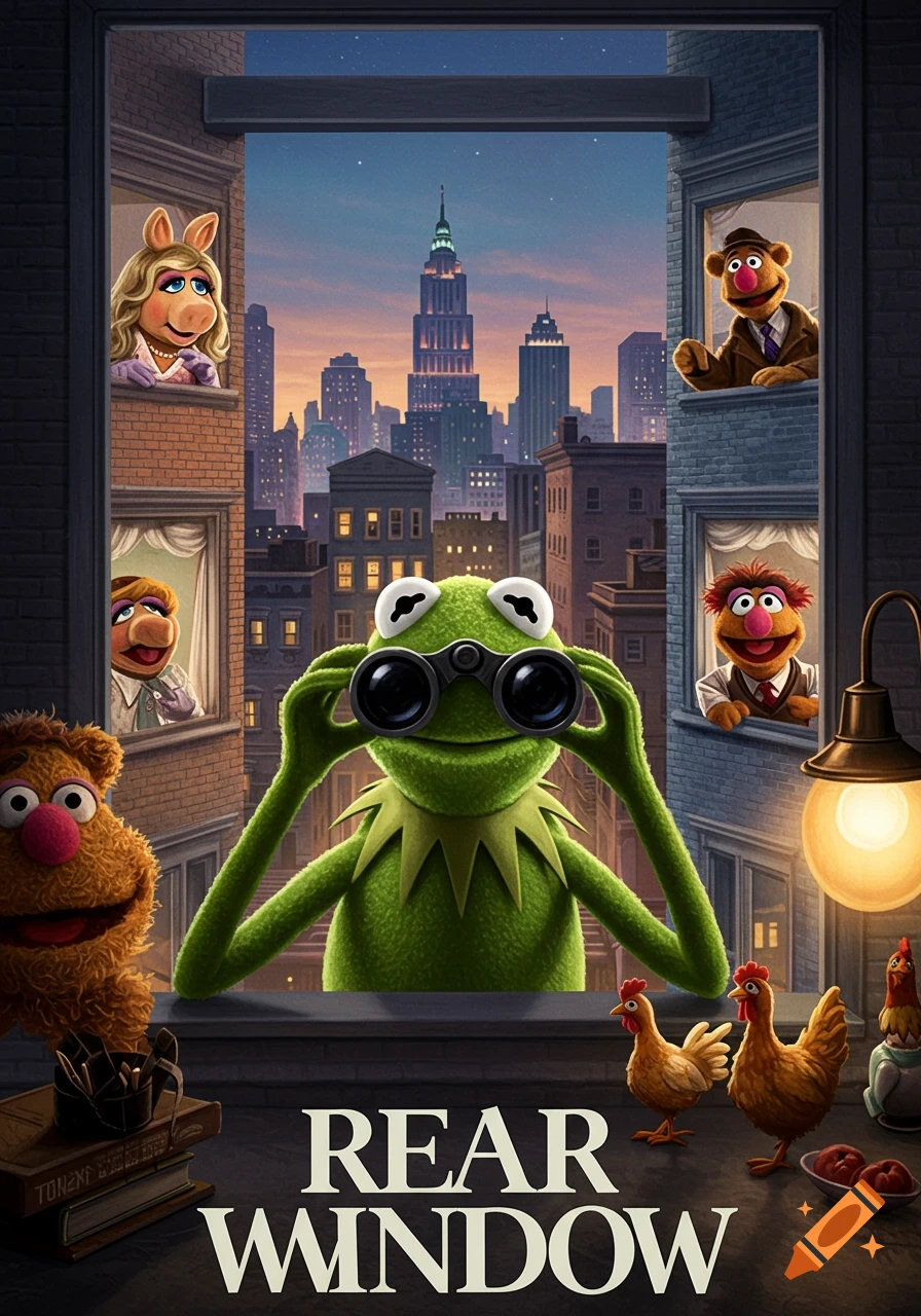 A movie poster for 'Rear Window' featuring Muppets looking out of apartment windows at a cityscape at dusk, with Kermit the Frog in the foreground holding binoculars. The title 'REAR WINDOW' is at the bottom.