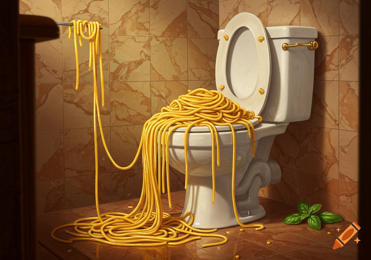 Spaghetti overflowing from a toilet and draped across the floor in a tiled bathroom, with a few basil leaves nearby.