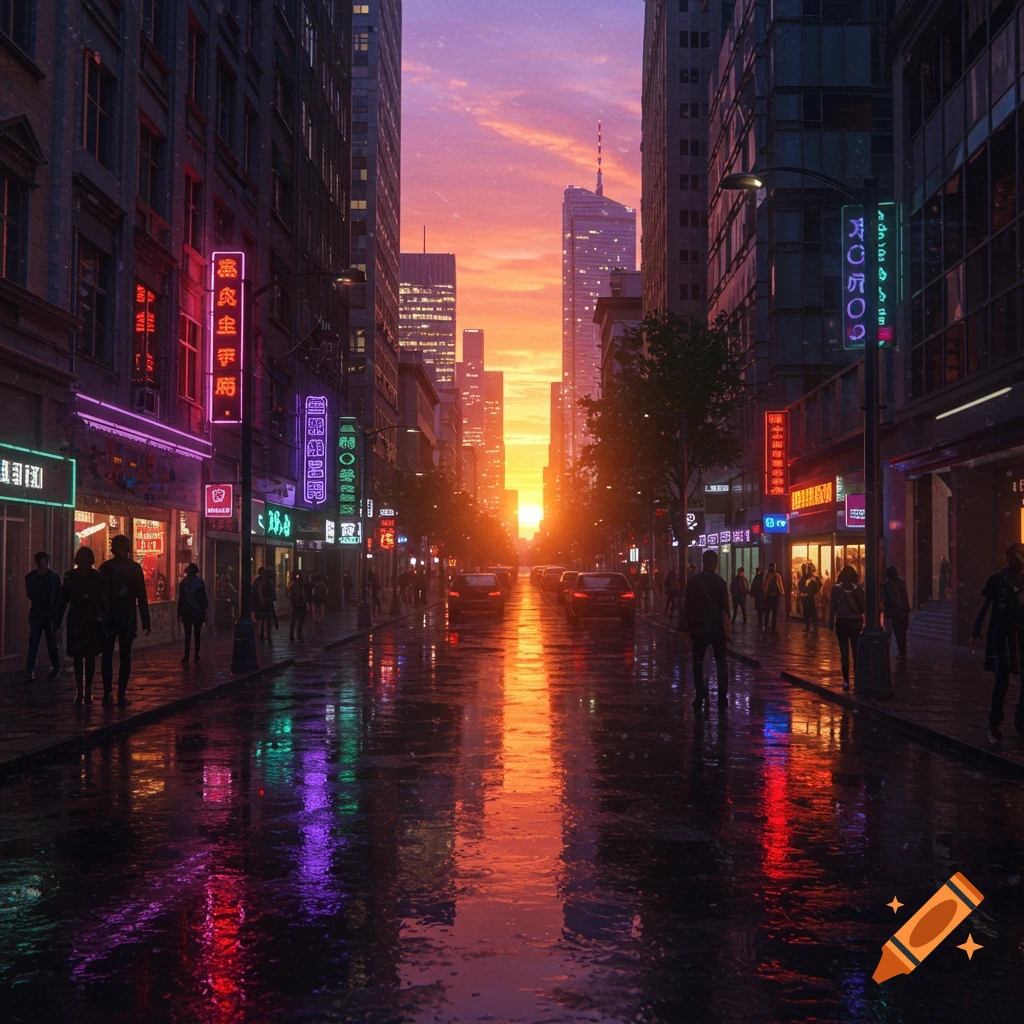 A vibrant city street at sunset with colorful neon signs reflecting on a wet pavement, bustling with people and cars.