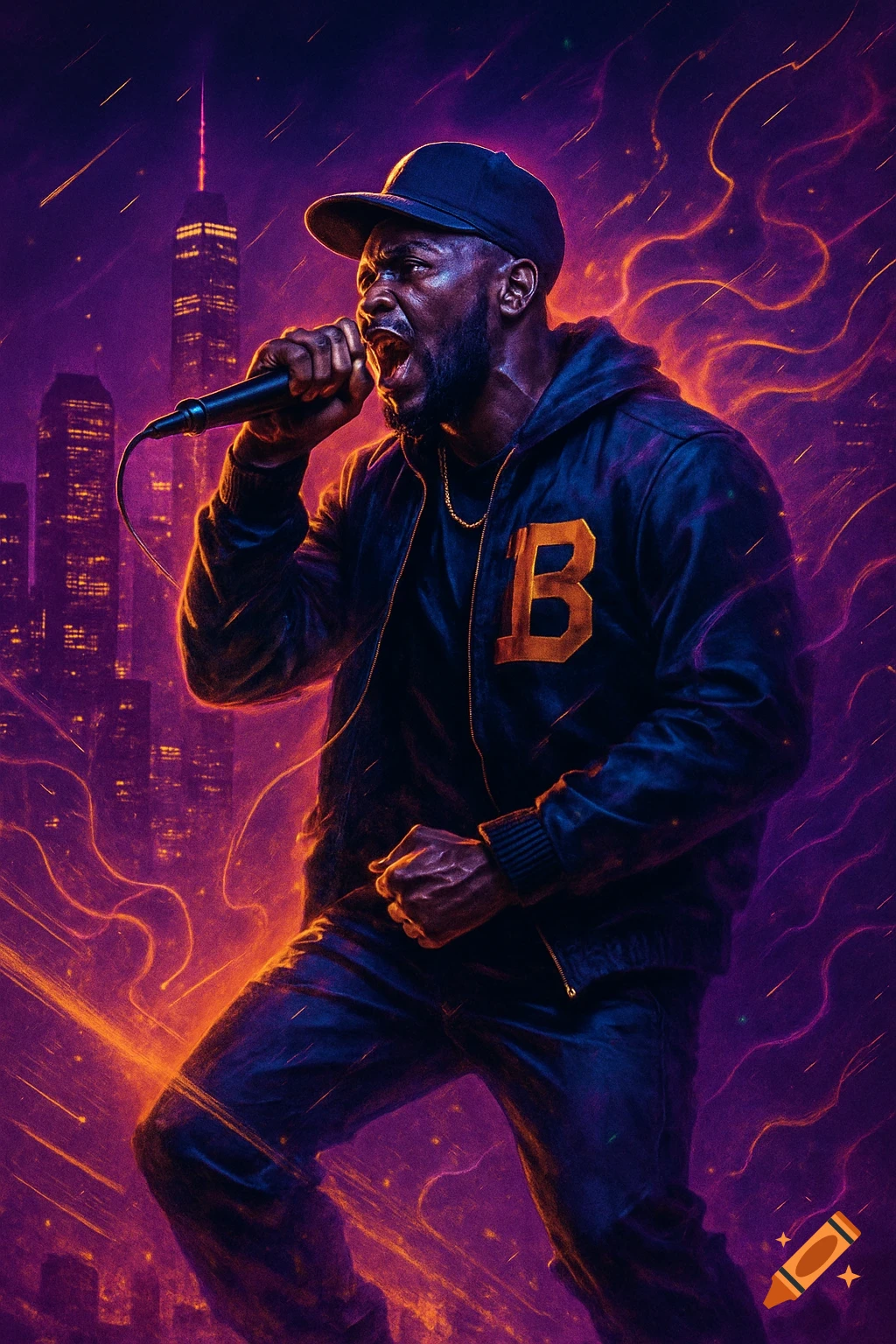 A vibrant digital art image of a rapper performing on stage against a purple-orange city skyline.