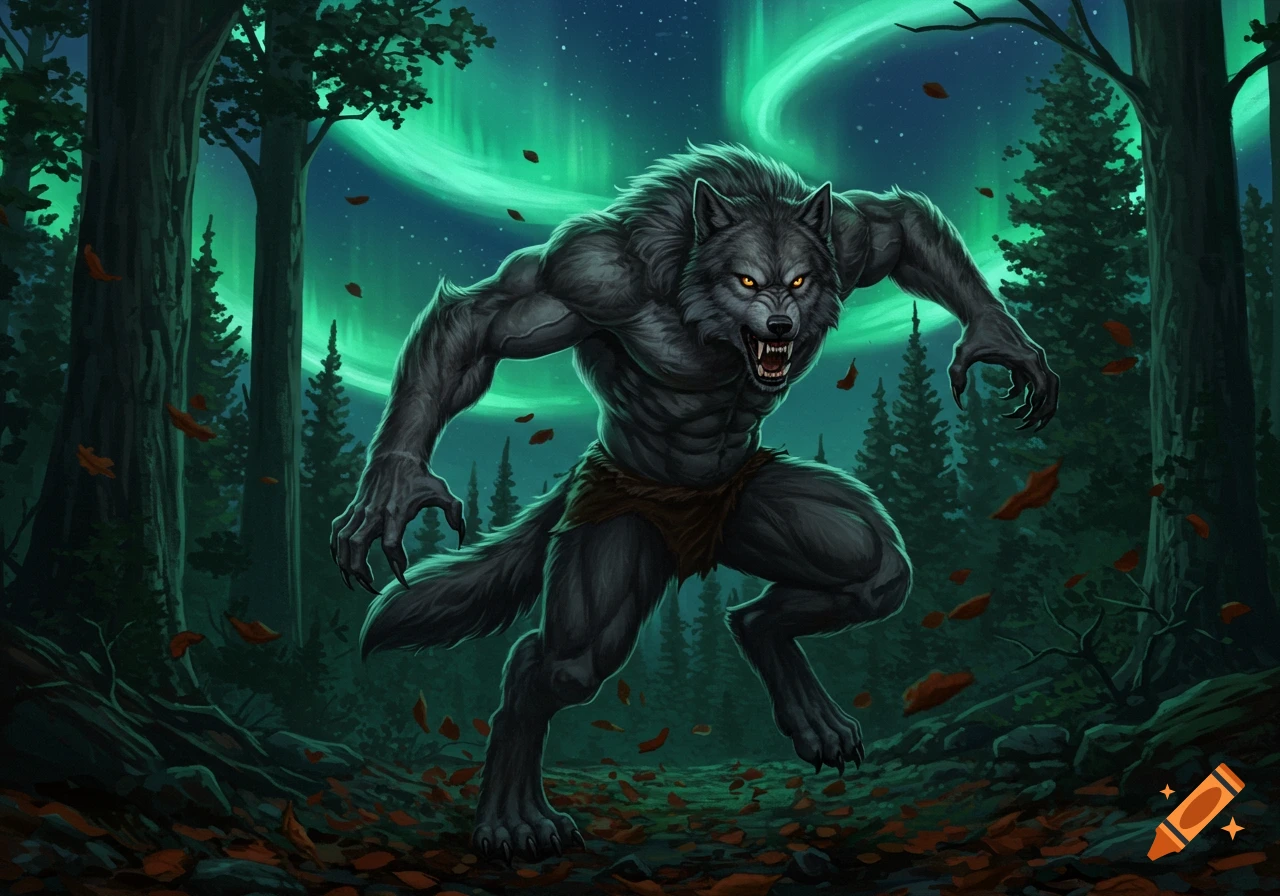 Muscular werewolf with glowing eyes running through a dark forest with green aurora borealis and falling leaves, in an illustration style.