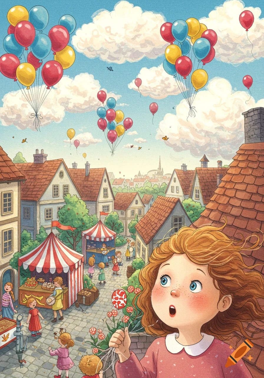 A surprised red-haired girl on a rooftop overlooks a vibrant market square with colorful balloons in the sky, in a whimsical illustration.