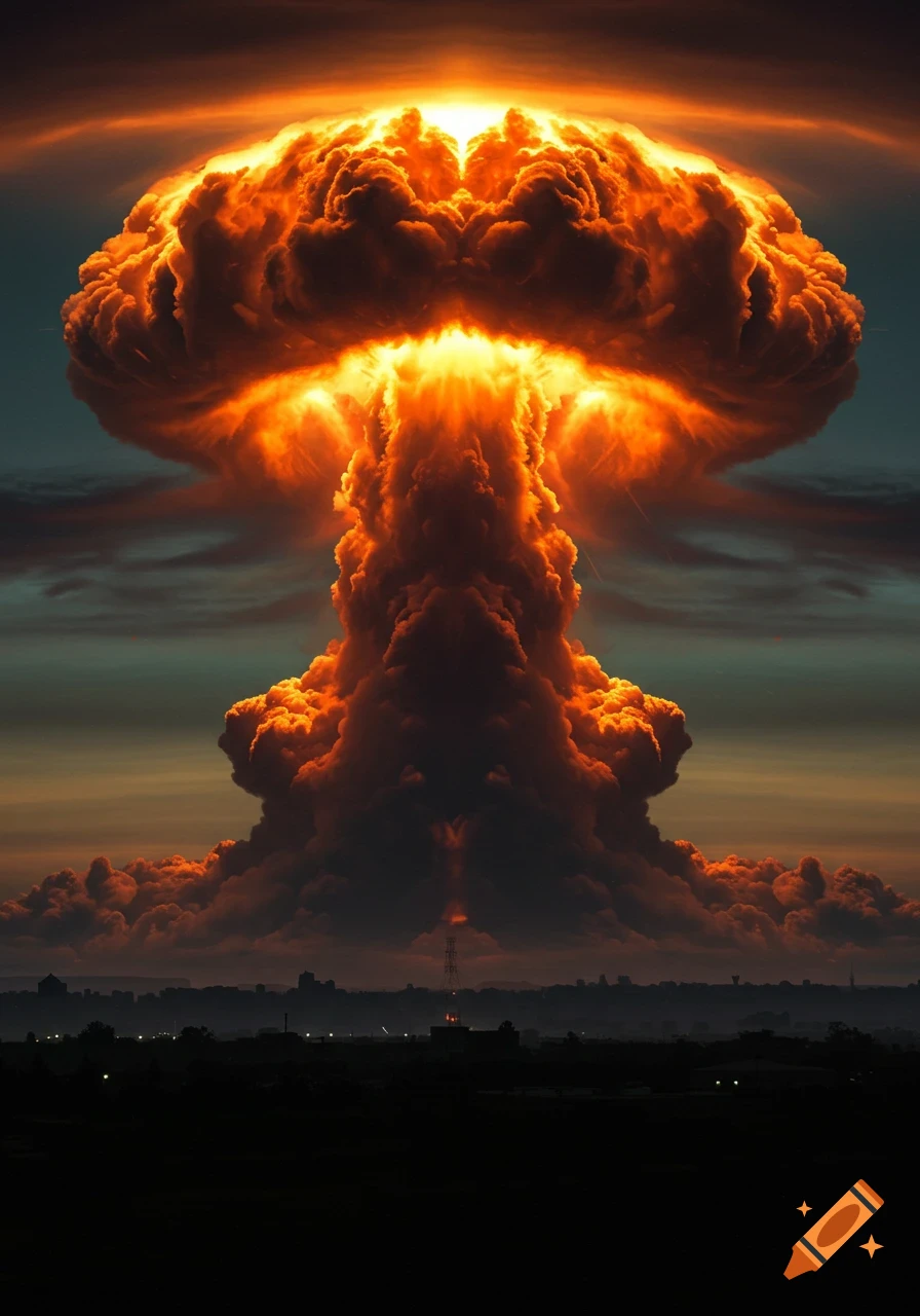 A massive, fiery nuclear explosion cloud rises over a dark cityscape at dusk.