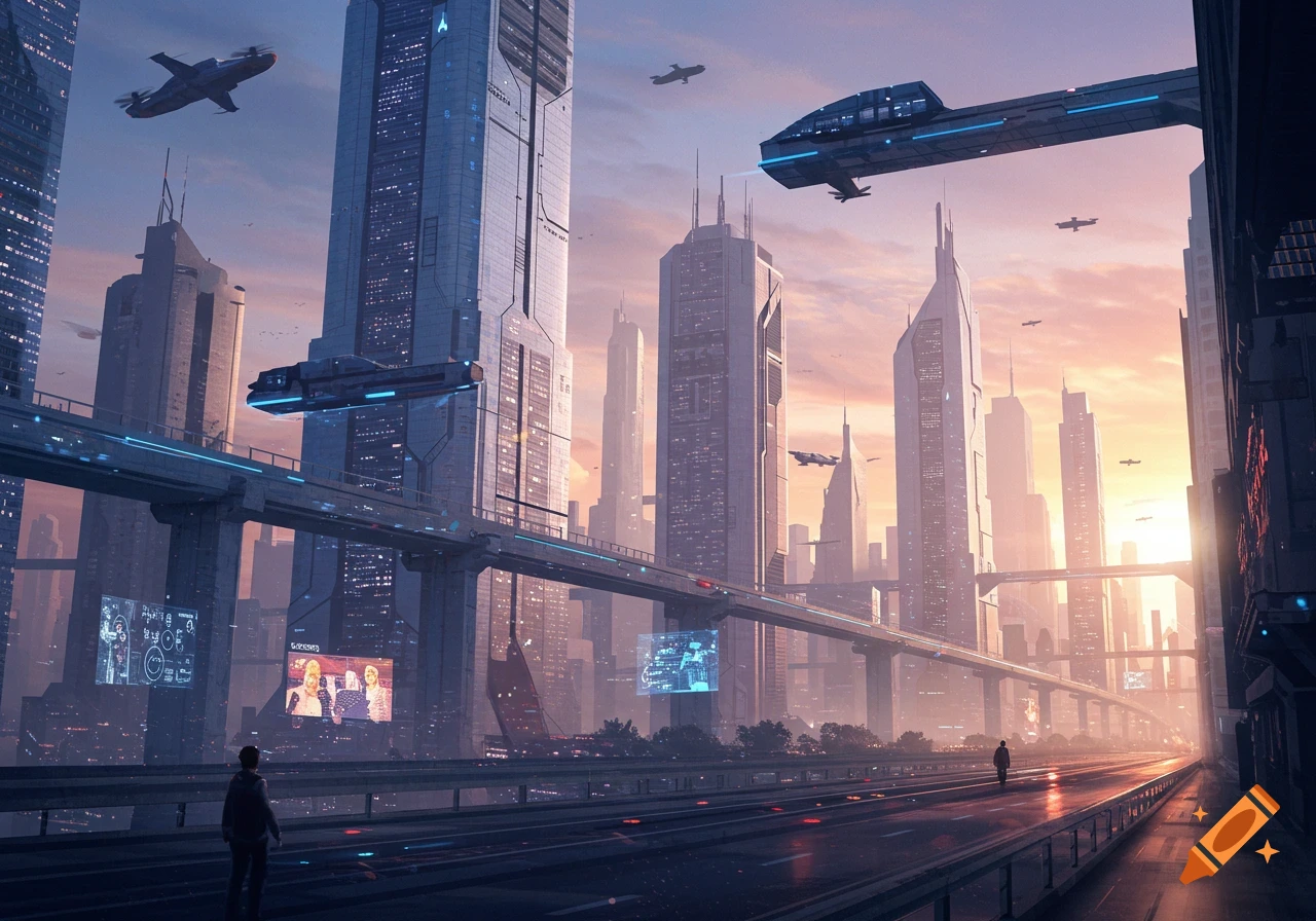 A vast, detailed futuristic cityscape at sunrise with towering skyscrapers, flying vehicles, and elevated highways. Two figures walk on a street below.