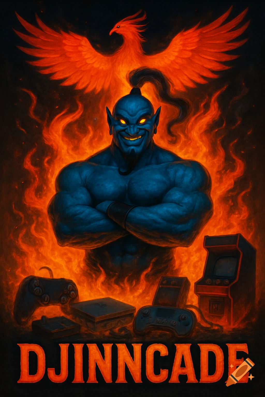 A muscular blue genie with glowing eyes stands in orange flames, with a phoenix above and gaming consoles below. Text reads 'DJINNCADE'.