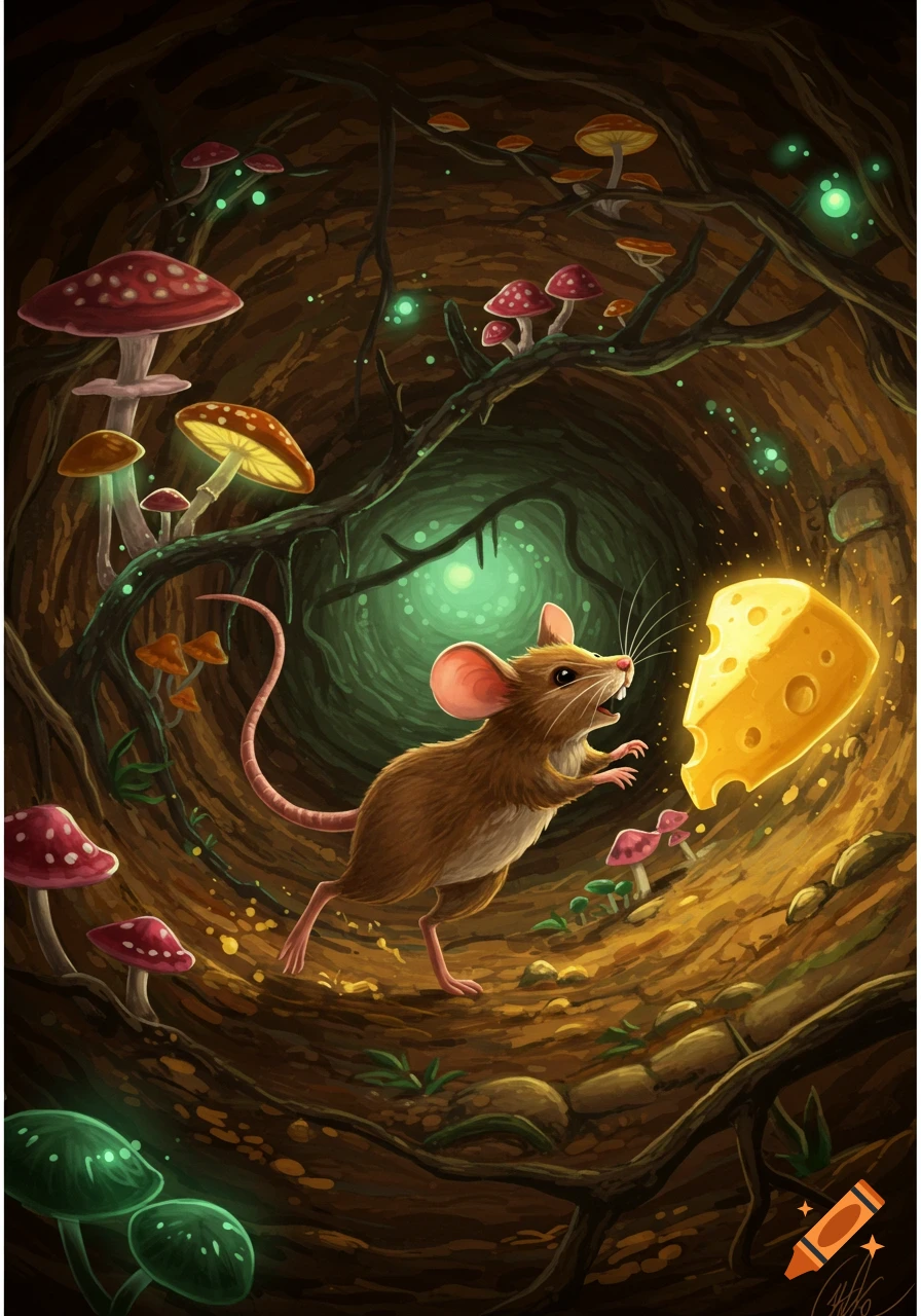 A cute brown mouse reaches for a glowing piece of swiss cheese in an enchanted underground burrow with colorful mushrooms, illustration.