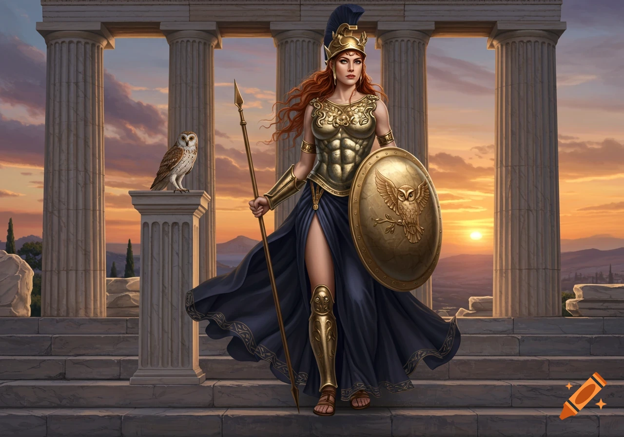 Athena, in golden armor, holds a spear and owl shield, standing among ancient Greek columns with an owl at sunset.