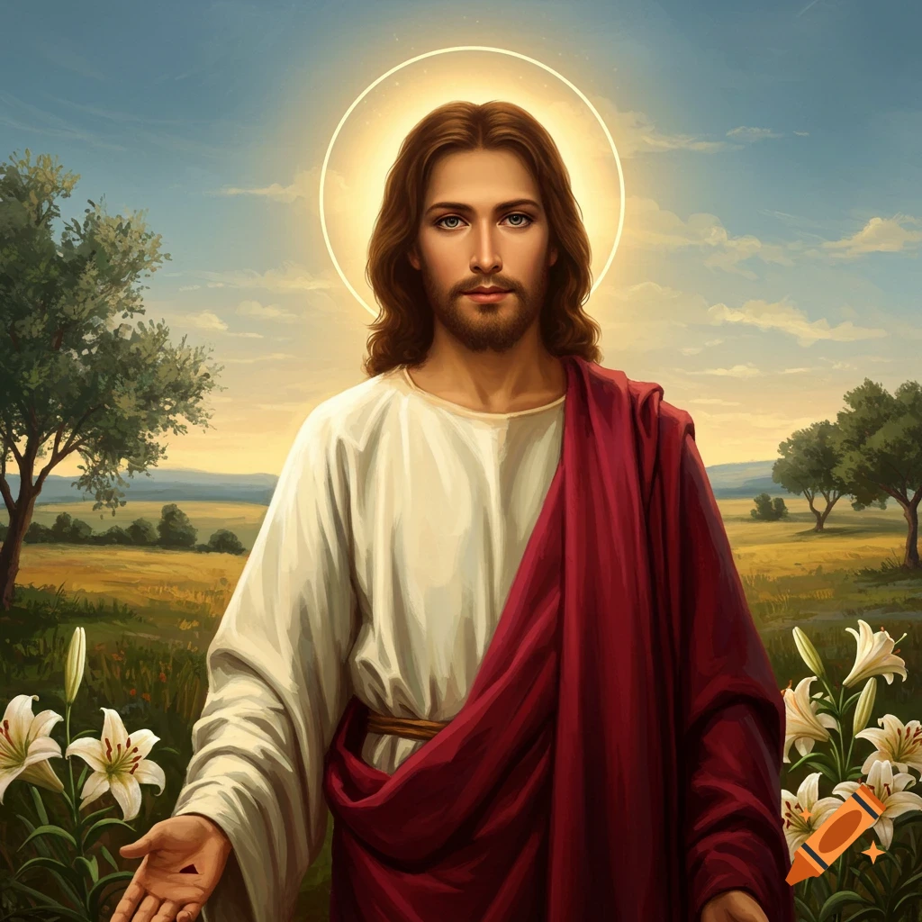 A portrait of Jesus Christ with a halo, wearing a white tunic and red robe, standing in a field with lilies under a bright sky.