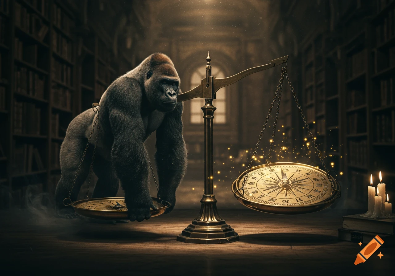 A gorilla balances on one side of an apothecary scale, opposite a glowing golden compass, in a dark library setting.