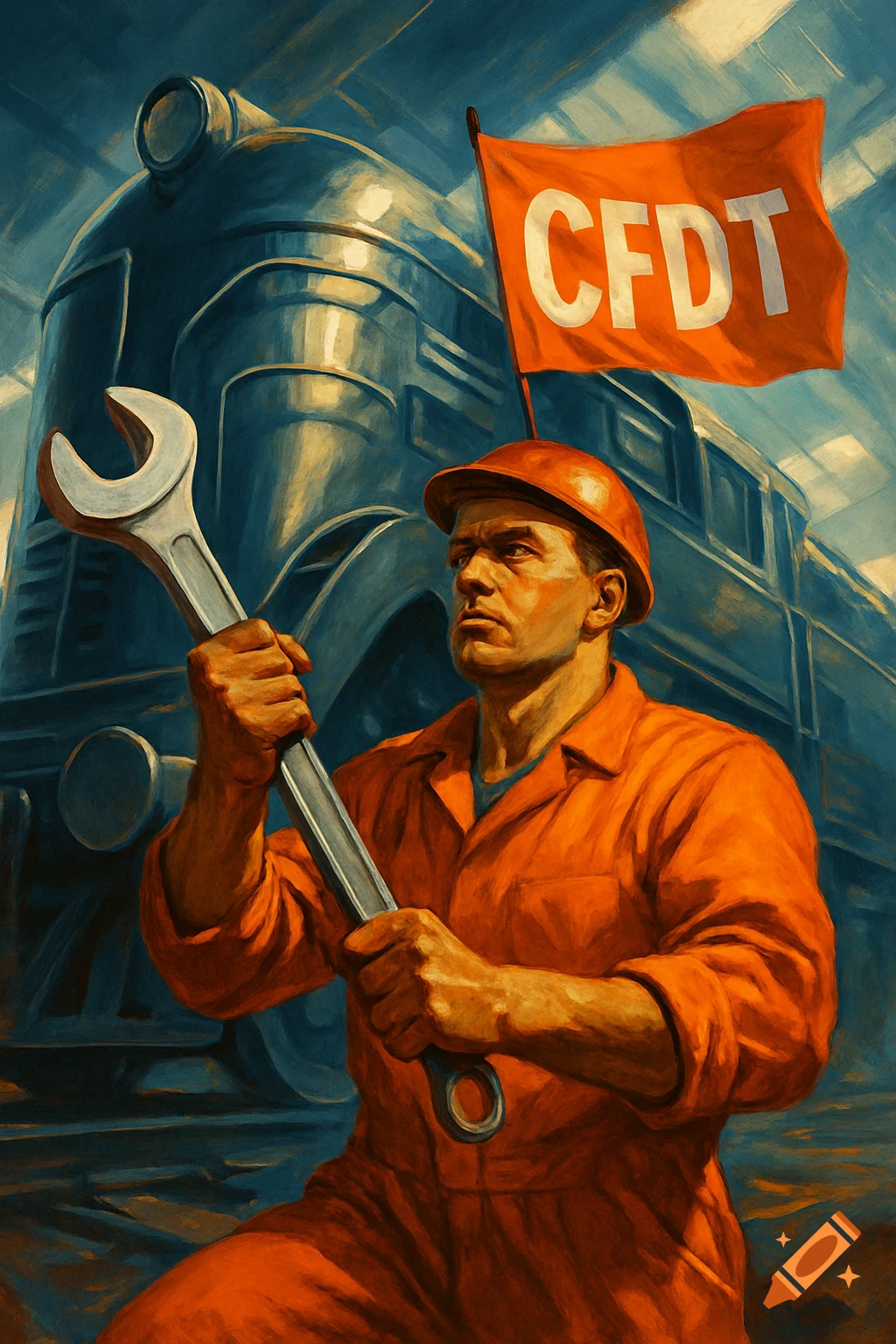 A worker in orange overalls and hard hat holds a large wrench in front of a train, under a flag with 'CFDT' in a painterly, propaganda art style.