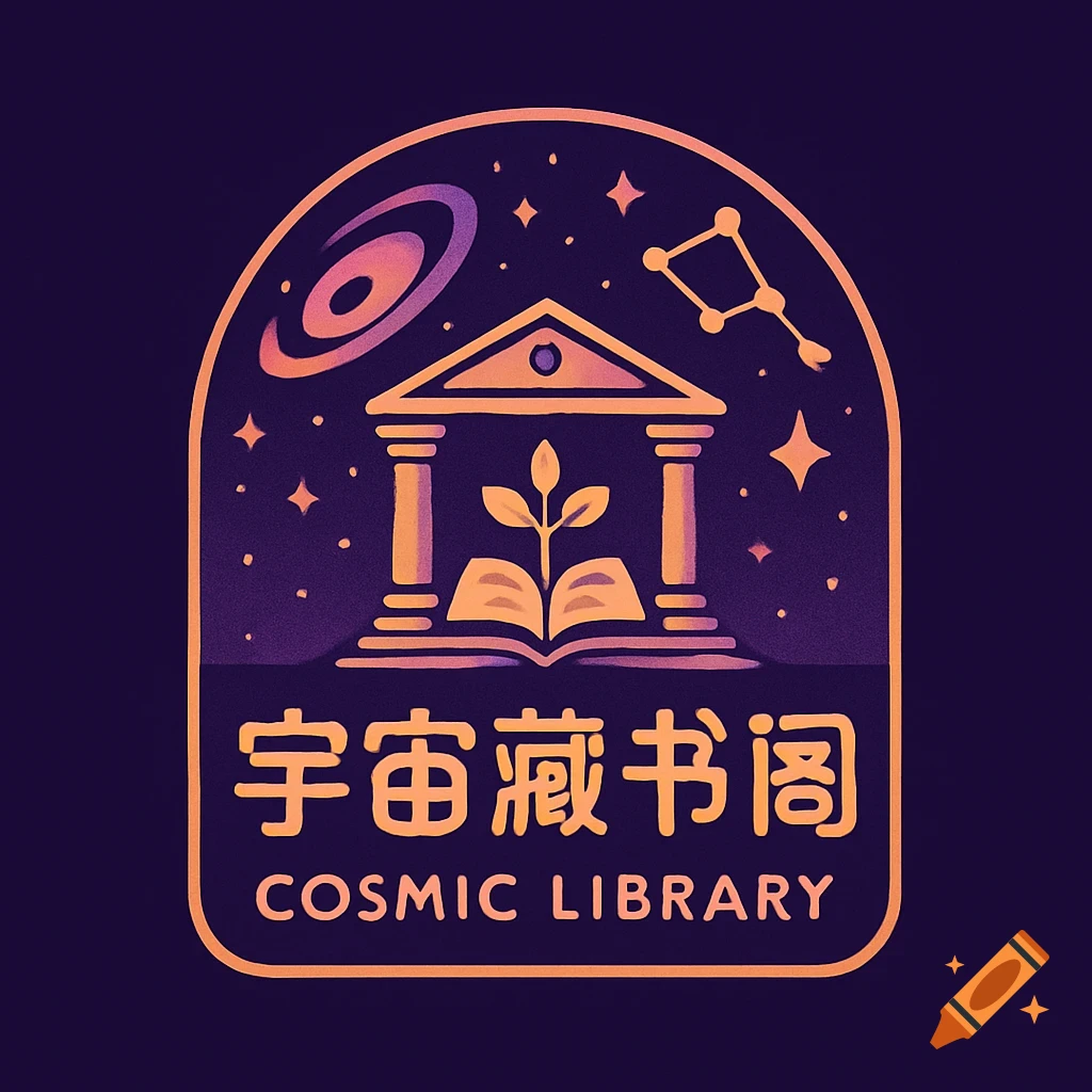 Purple and gold logo: classical building with a book, sprout, galaxy, constellations, and starry sky. Text: '宇宙藏书阁 Cosmic Library'.