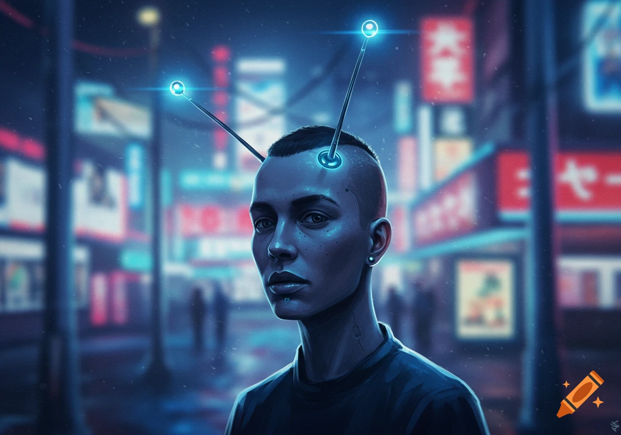 Person with glowing antennas on head in a neon-lit futuristic city street at night, blue ambient glow, stylized.