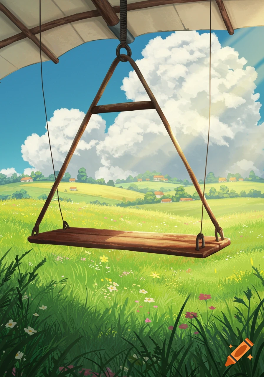 A wooden swing hangs over a vibrant green meadow with wildflowers under a blue sky, in Studio Ghibli style.