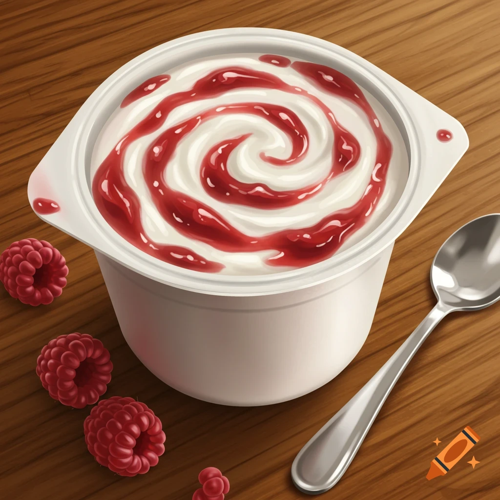 Illustrated top-down view of a white yogurt cup with a red raspberry swirl, surrounded by raspberries and a spoon on a wooden table.