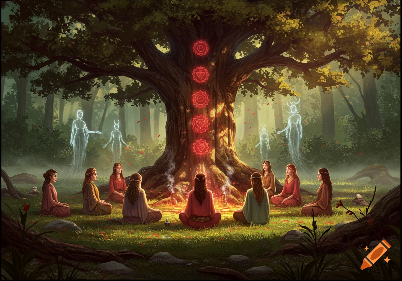 Fantasy art of women meditating in a forest around a sacred tree with glowing chakra symbols and ethereal figures.