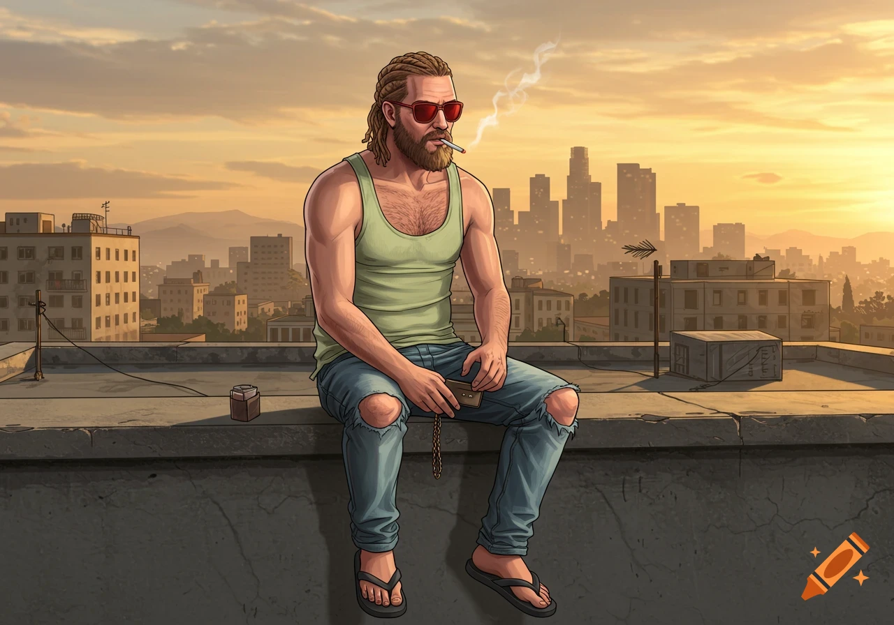 A man with blond dreadlocks, beard, red sunglasses, tank top, ripped jeans, and flip flops sits on a rooftop wall, smoking a cigarette, with a city skyline at sunset in the background, in a GTA V digital illustration style.