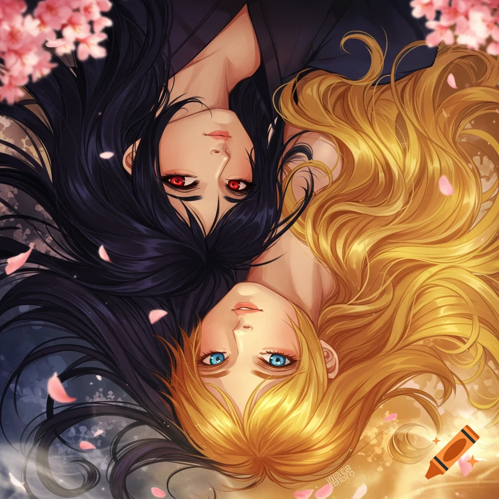 Anime women with black and golden hair, red and blue eyes, lying head-to-head in a yin-yang style with cherry blossoms.
