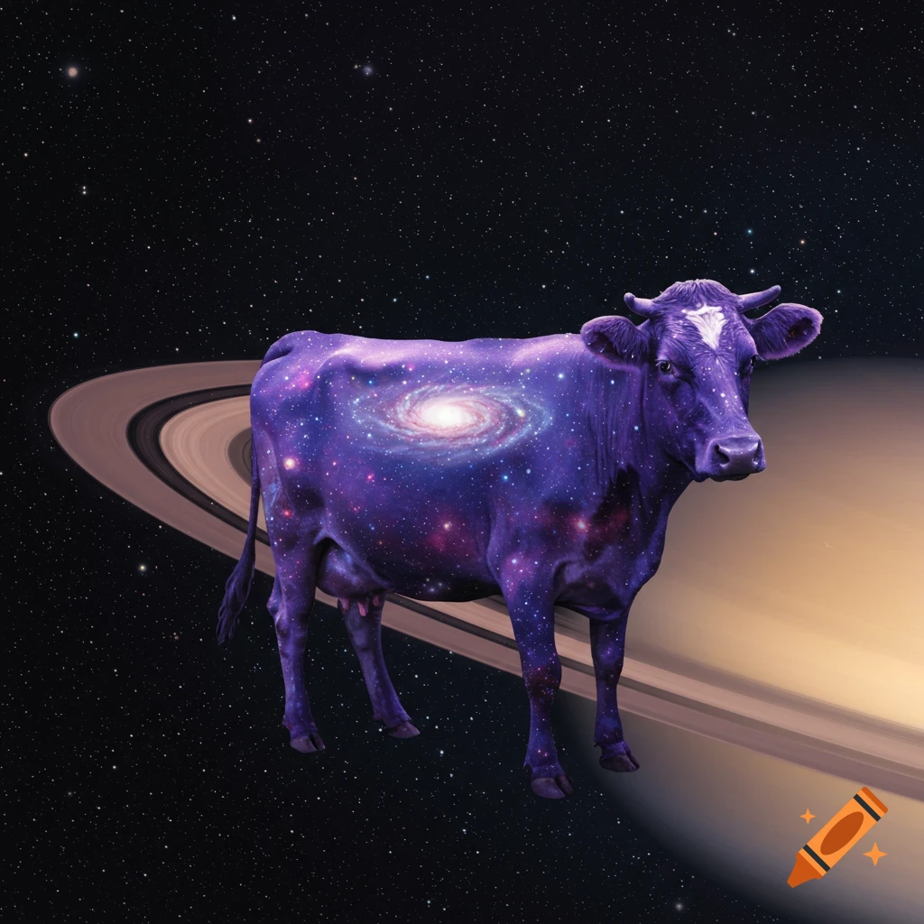 A cosmic purple cow with a galaxy on its side floats in space near Saturn's rings.