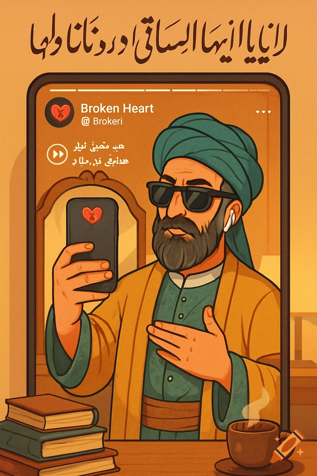 A modern cartoon illustration of Hafez wearing sunglasses and an earbud, taking a selfie with a phone displaying an Instagram story with a 'Broken Heart' filter, sitting in a warm-lit room with books and a cup of tea. Persian script is at the top of the image.