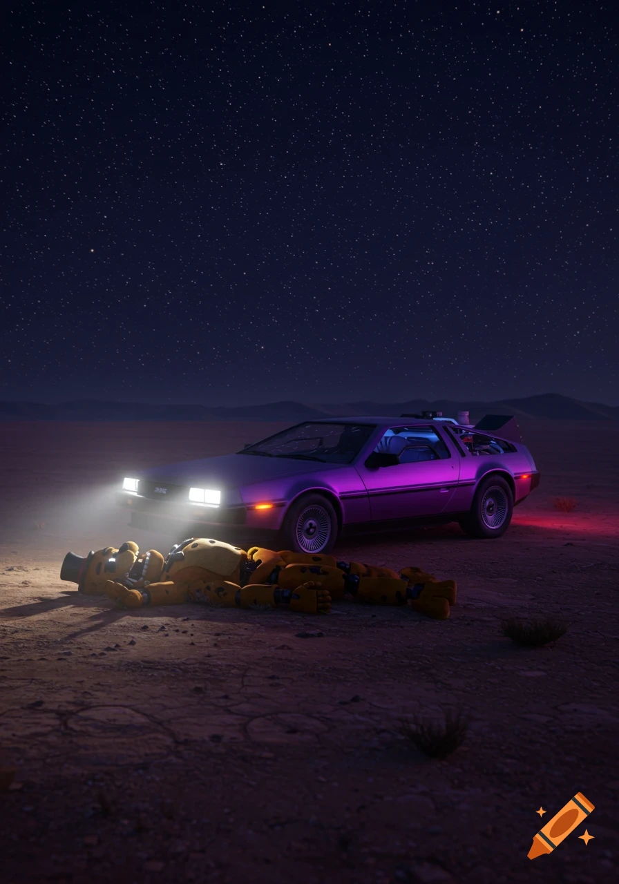 A photorealistic image showing a yellow animatronic lying in the dirt in front of a purple DeLorean under a starry desert night sky.