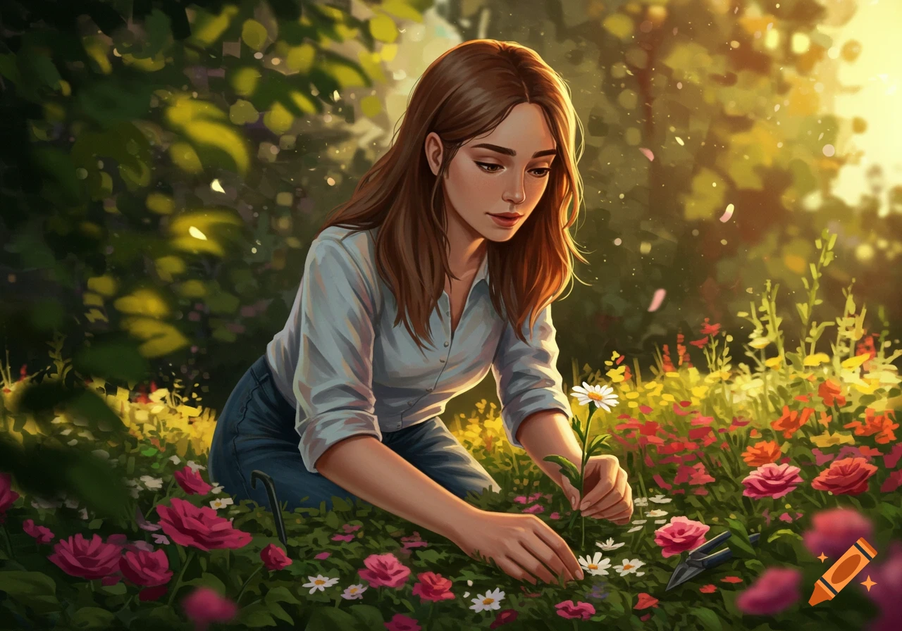 A woman with brown hair in a light blue shirt and jeans kneels in a vibrant field of colorful flowers, tending to a white daisy, in a warm, illustrated style.