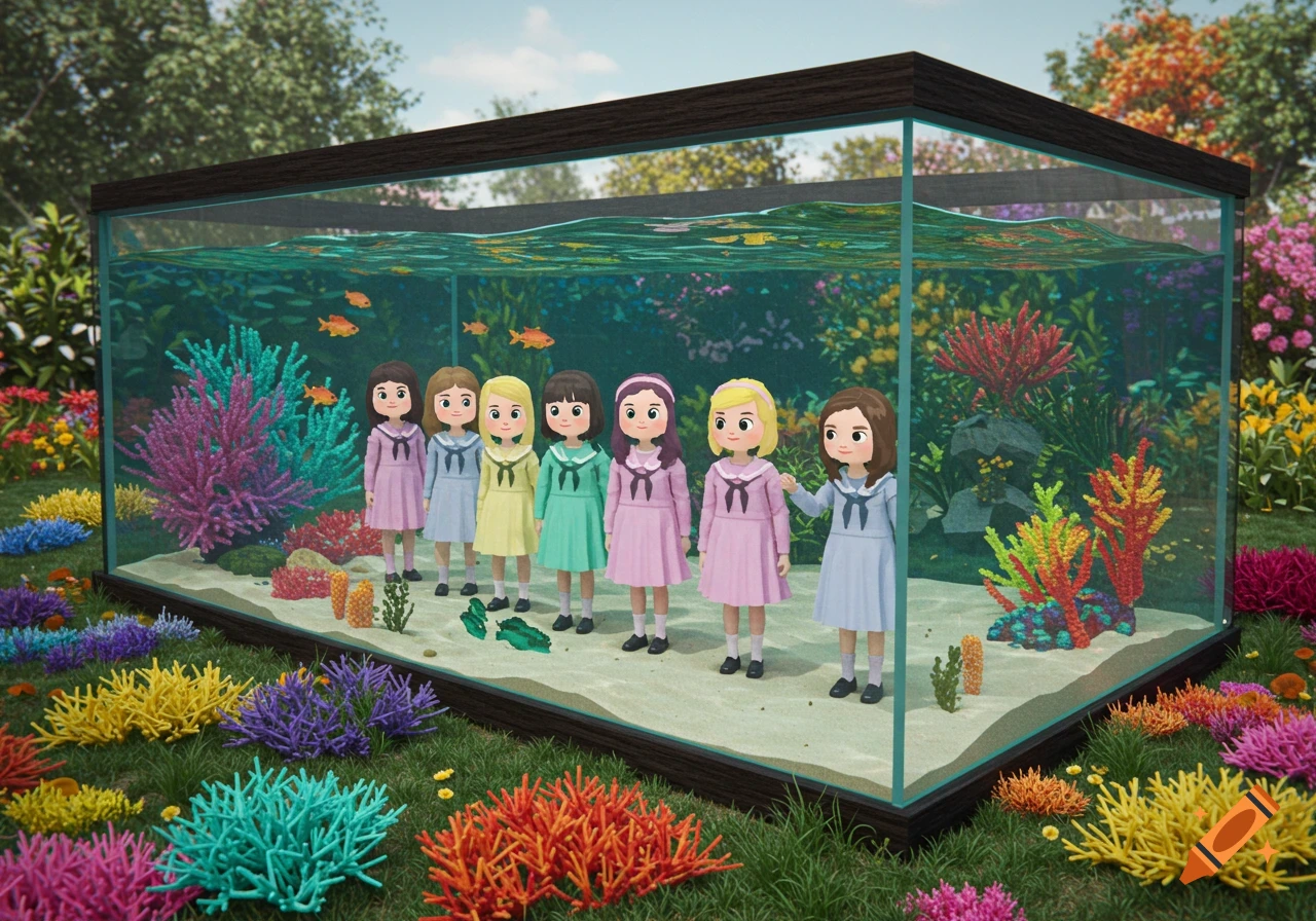 Seven stylized schoolgirls in colorful dresses stand inside a large aquarium with corals and goldfish, placed in a vibrant garden.