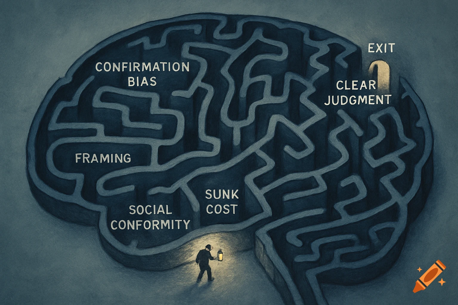 An overhead view of a human brain as a dark labyrinth with labeled paths for cognitive biases like 'Confirmation Bias' and 'Sunk Cost'. A small figure with a lantern walks through it towards an 'Exit' leading to 'Clear Judgment' in a moody, surreal illustration.