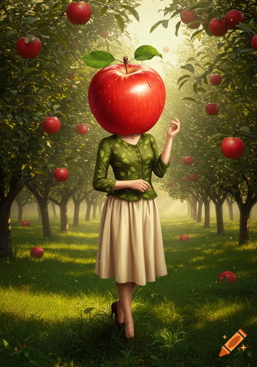 A surreal image of a woman with a large red apple head, standing in a sunlit apple orchard.