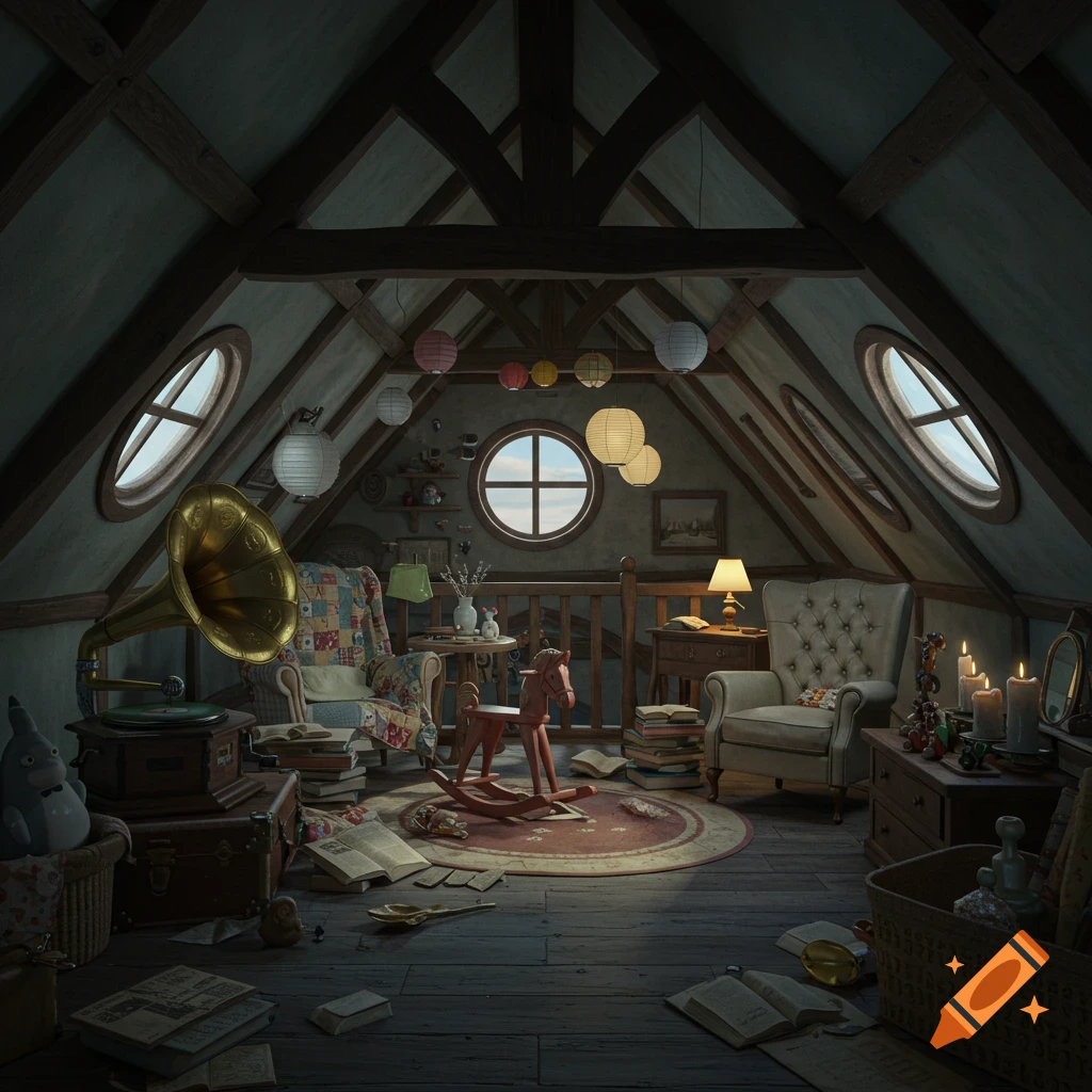 A dimly lit, cozy attic room in Studio Ghibli style, featuring a gramophone, rocking horse, armchairs, books, and lanterns.